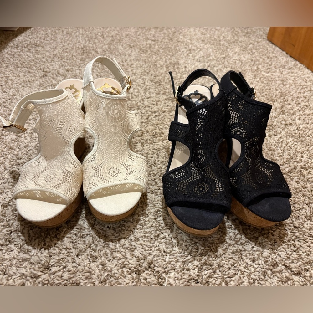 Elegant Lace Peep-Toe Wedges - pair comes with cream and black